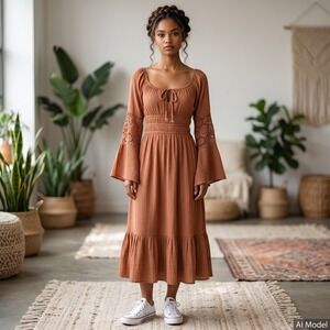 Indulge In Style Midi Dress Women Small Brown Boho Crochet‎ Lace Bell Sleeve New